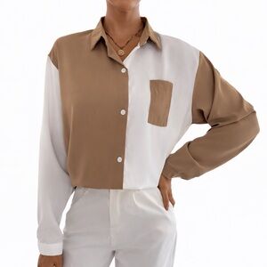 Women Tan and White Long Sleeve Color block Button Up Collard Shirt